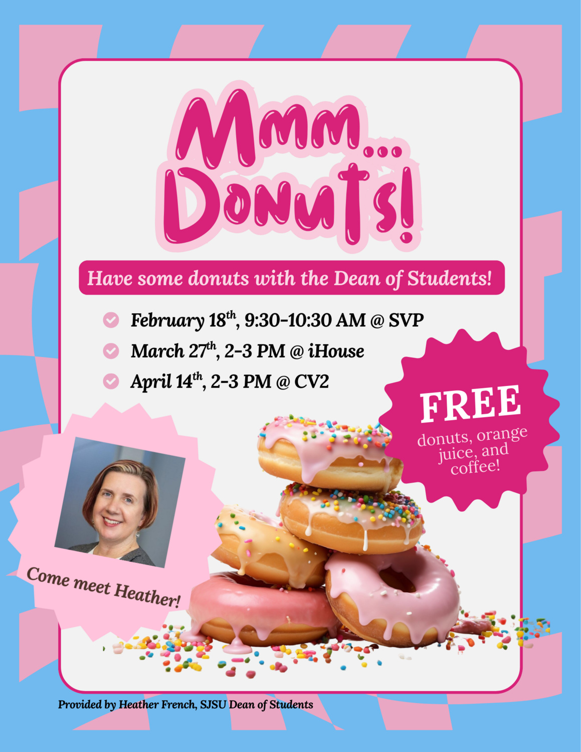 Pile of donuts with a portrait of Heather French.