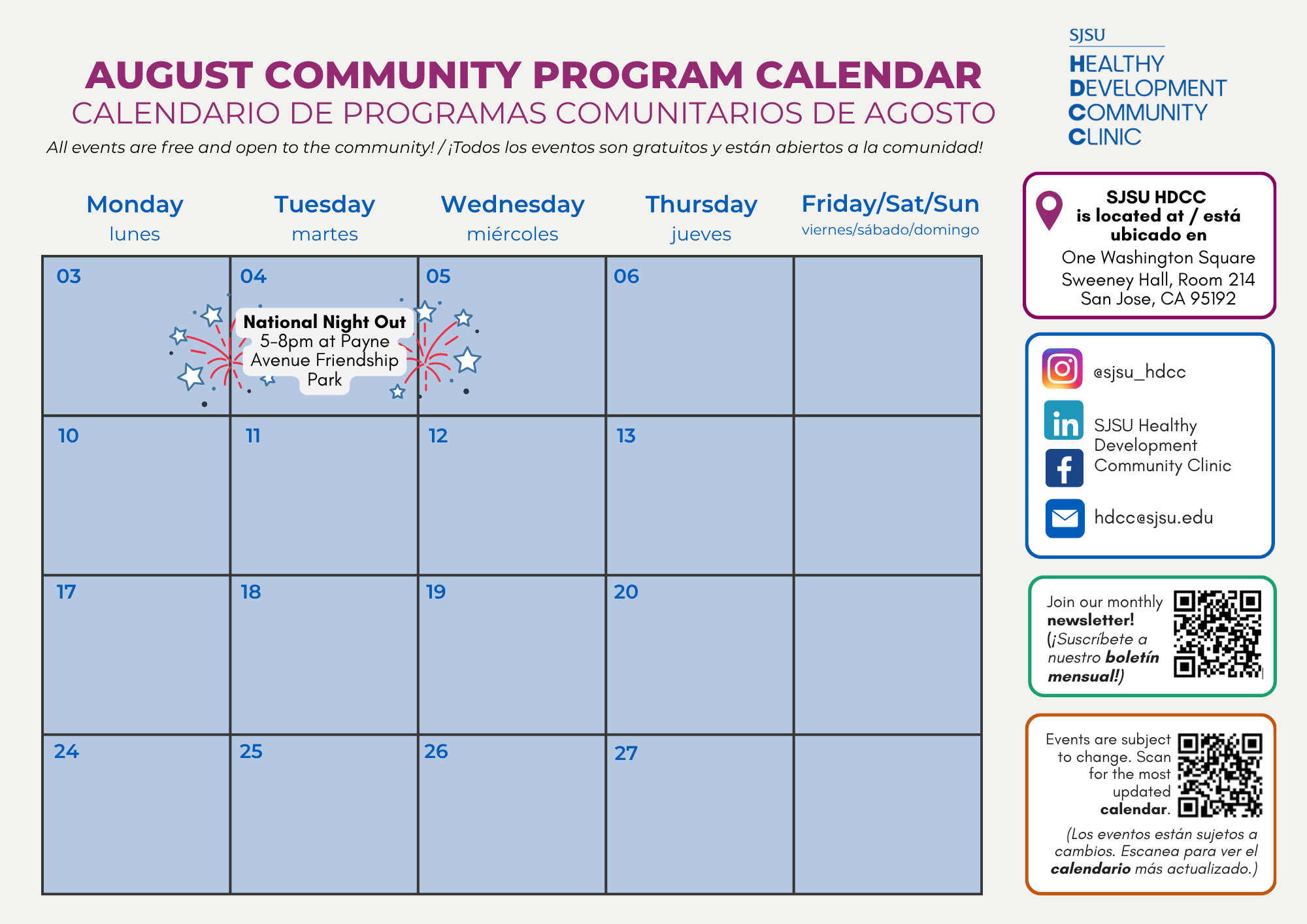 A calendar of our upcoming programs happening in August. National Night Out on August 4.