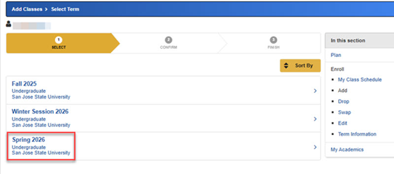 screenshot of where to select term to drop the class via MySJSU