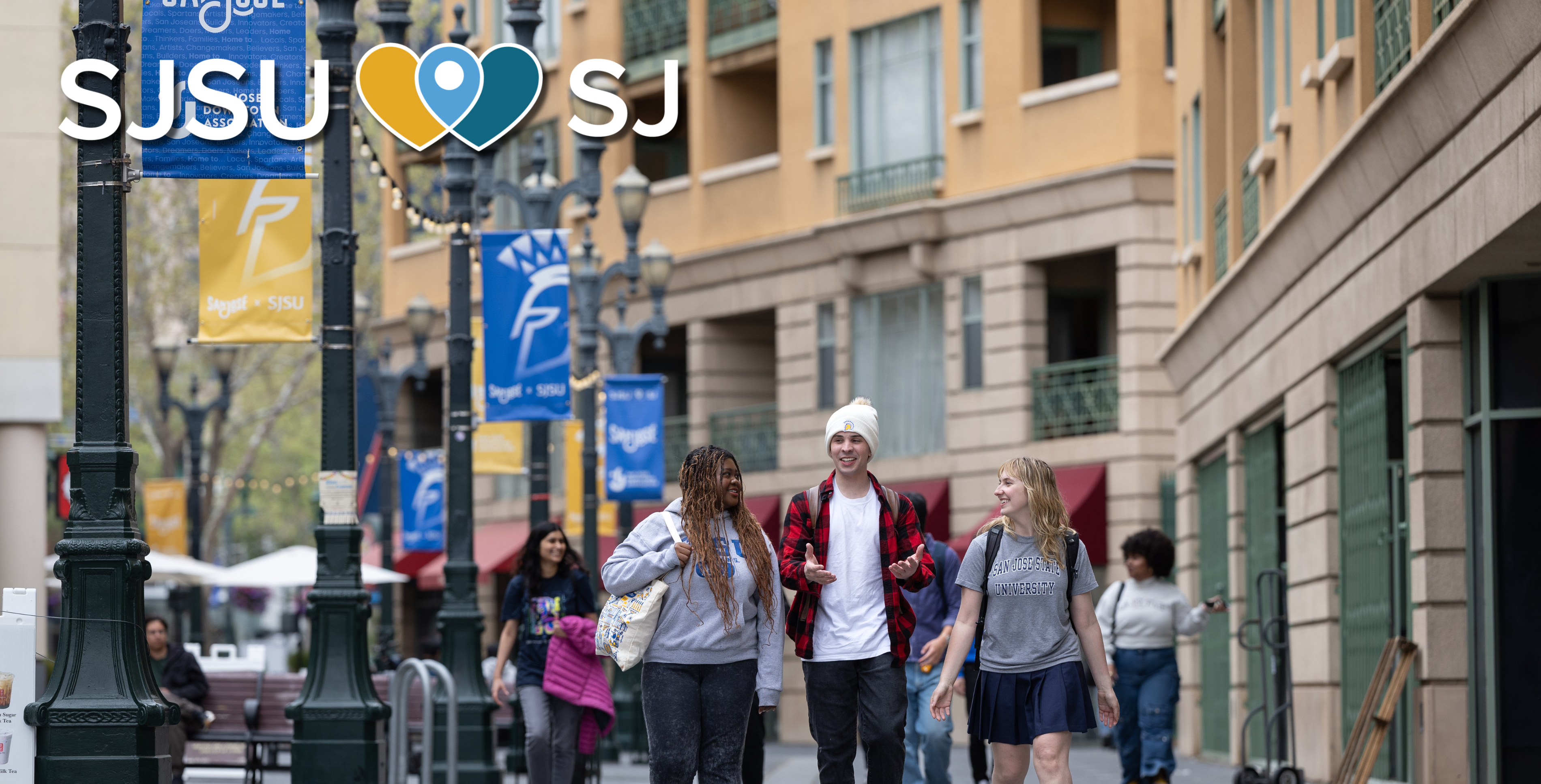 Students walking down the Paseo de San Antonio in downtown San Jose.