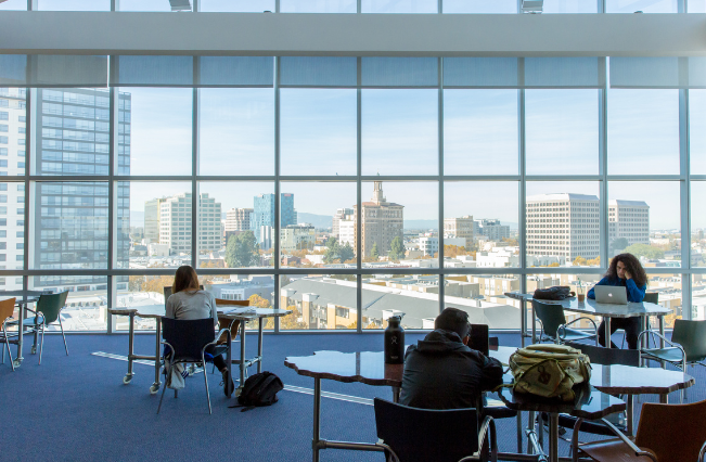 View of downtown from inside the King Library.